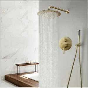 9.8" Brushed Gold Concealed Shower Faucet Head Embeded Valve Box Hand Shower Set - Picture 1 of 11
