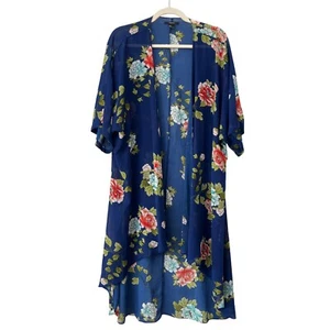Forever 21 Floral Kimono Cardigan Womens Small Blue Multi Sheer Boho Hippie Chic - Picture 1 of 7