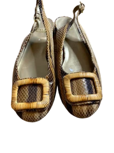 Stuart Weitzman Brown Snake Skin Leather Buckled Sling Back Wedge Sandals Size 8 - Picture 1 of 5