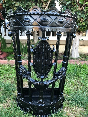 An Antique One Of A Kind Wrought Iron Forged  Umbrella Stand Double Dragon Head Cover
