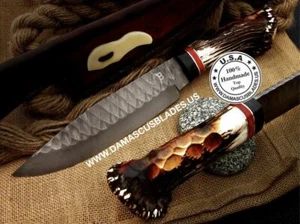 Hand Forged D2 Steel Hunting Knife With Antler Handle + Sheath - Picture 1 of 5