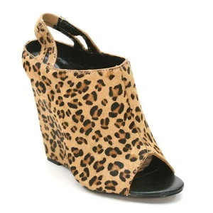 Bebe Ladies 7 M Alexa Leopard Cat Print Fur Wedge 4.5" Heels Peep Toe Sandals - Picture 1 of 12