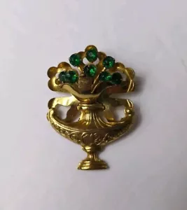 Vintage Gold Tone Green Rhinestone Brooch - Picture 1 of 7