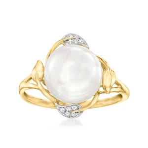 Ross-Simons 10-10.5mm Cultured Pearl Leaf Ring With Diamonds in 14kt Yellow Gold - Picture 1 of 7