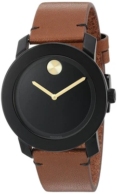 Movado Bold Black Museum Dial Rustic Brown Leather Strap Mens Watch 3600305 - Image 1 of 3