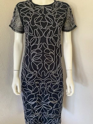 NWT JS COLLECTIONS Navy Blue Metallic Soutache Dress Midi Length Size 6 ￼ - Image 1 of 4