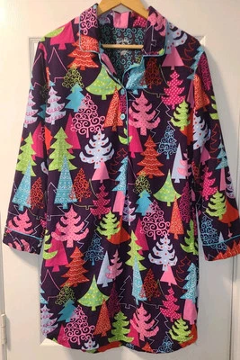 Pijama colorido Nick & Nora camisola feminina M flanela inverno árvores de Natal - Imagem 1 de 4