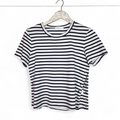 A.L.C. Camisa Mujer Pequeña Azul Marino Blanco Rayas Ojal Lateral Cuello Redondo Algodón Bretón Foto 1 de 4