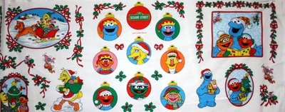 SESAME STREET CHRISTMAS ORNAMENTS AND PICTURES PANEL  - 100% COTTON FABRIC - Image 1 of 4