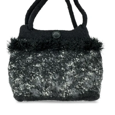 Bolso de Mano de Lana de Fieltro - Cartera Negra Moteada con Botón Gema y Cartera Borde Difuso Foto 1 de 4