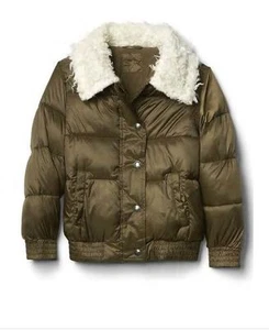 New GAP Kids Girls Olive Green Sherpa Neck Long Sleeve Puffer Bomber Jacket 6 7 - Picture 1 of 3
