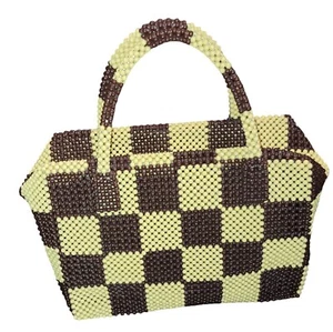 Vtg RARE 1960s Womens Brown And Yellow Beaded Checkerboard Handbag Purse - Picture 1 of 6
