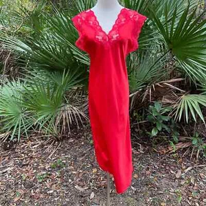 Vintage 80er rot Satin Maxi Nachthemd Dessous ärmellos Barad und Co Gr. P - Bild 1 von 9