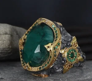925 Sterling Silver Men's Ring with Rhodium Plated Natural Emerald Stone 001 - Picture 1 of 5