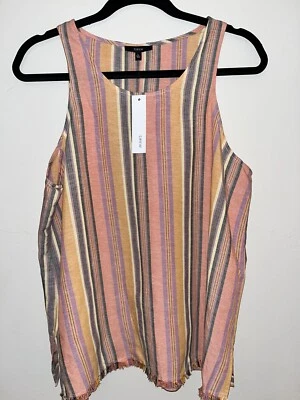 Camiseta sin mangas DREW a rayas múltiples lino dobladillo crudo abertura grande nueva con etiquetas $174 Foto 1 de 4