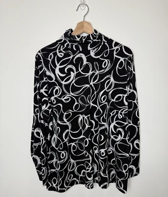 Susan Graver 2X Cinta Top Tejido Líquido Negro Blanco Estampado Cuello Simulado Arte Elástico Foto 1 de 4