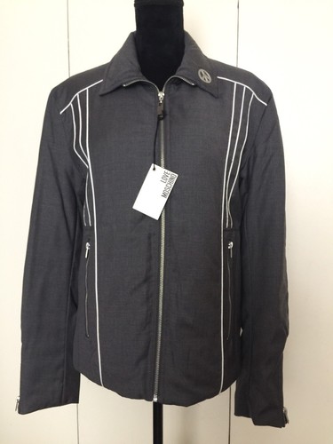 Giacca da uomo grigia Love Moschino nuova con etichette cappotto a righe pace taglia US 32 F40 GB38 I48 D48