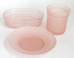 ANDRE RICHARD 1984 Pink Swirl Satin Glass 3 Pc Bath Vanity Set Soap Dish Tumbler - Bild 1 von 6