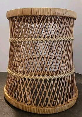 Vintage Round Woven Wicker Rattan Basket Pedestal Drum Table Plant Stand Stool - Image 1 of 4