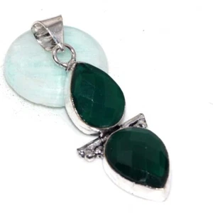 925 Silver Plated-Simulated Emerald Ethnic Long Gemstone Pendant Jewelry 2" JW - Picture 1 of 3