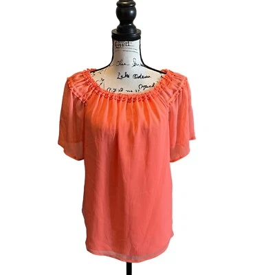 DKNY Chiffon Off the Shoulder Top Coral Orange Size Medium NWT Ruffle Crinkle - Image 1 of 4
