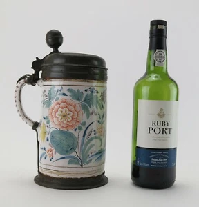 Deutscher Magdeburger Fayence Bierkrug Krug datiert 1760 mit Dresdner Zinn - Bild 1 von 12