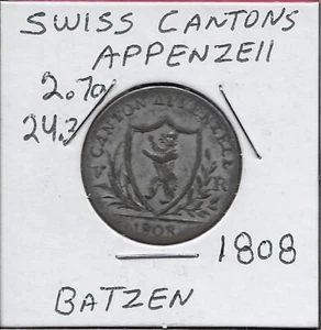 SWEDEN SWISS CANTONS,APPENZELL,1808 1 BATZEN(10 RAPPEN) RAMPANT BEAR IN SHIELD W - Picture 1 of 2