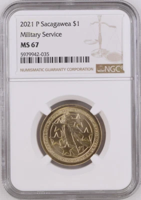 :2021 P $1 SACAGAWEA DOS PLUMAS SERVICIO MILITAR EXCELENTE BU NGC MS67 RAREZA R6 Foto 1 de 2