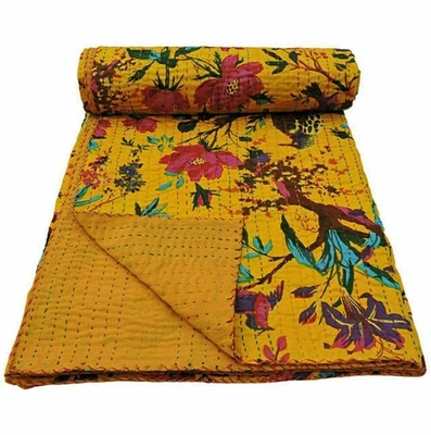 Indian Kantha Quilt Yellow Bird Floral Bedspread King Size Vintage Coverlets Art - Image 1 of 4