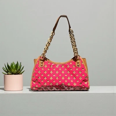 🌻Eric Javits Pink Gold Suede Circle Shoulder Bag Brown {Grained Leather Sides}. - Image 1 of 4