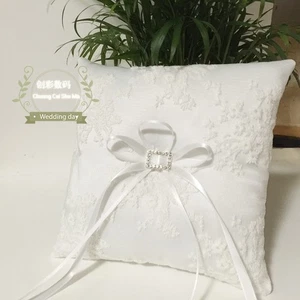 White Lace Wedding Ring Pillow 18x18cm Bride Cushion with Bow Rhinestone Buckle - Picture 1 of 1