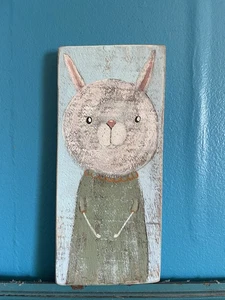 Bunny Dress SFA Folk Art Painting Reclaimed Wood 8 X 3 1/2” AHfolkart  OOAK - Picture 1 of 6