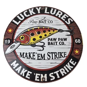 Vintage Lucky Lures Sign - Fishing Paw Paw Co Ad Gas Pump Porcelain Sign - Picture 1 of 14