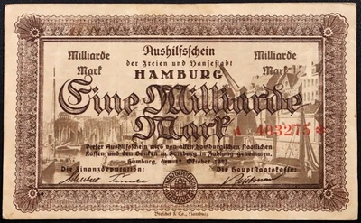 HAMBURG 1923 "Boats in Harbor" 1 Billion Mark German Inflation Notgeld Banknote - Image 1 of 2