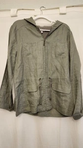 St. Tropez West Jacke Damen Large Salbeigrün Leinen Kapuze Utility Anorak Reißverschluss - Bild 1 von 16