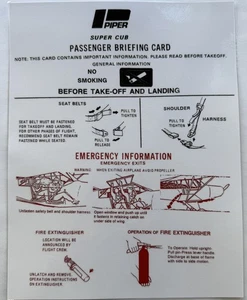 Piper Super Cub Passenger Briefing Card - Reproduction - Picture 1 of 1