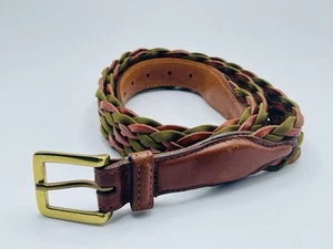 Cole Haan Woven Braided Leather Belt Green Brown Brass Buckle USA Men Sz 40/100 - Picture 1 of 11