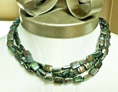 3 Strand 17 1/4" Green Copper Iridescent Square Pearl Necklace Sterling Closure - Image 1 of 3