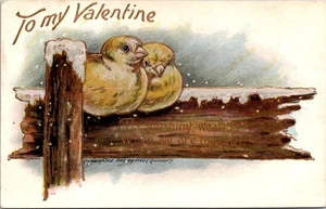 Postkarte To My Valentine Yellow Chick In Snow Tis Sunshiny Weather When Together - Bild 1 von 2