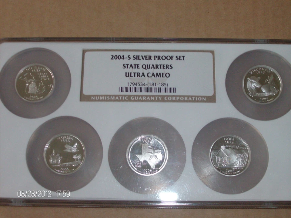2004 S SILVER 5 COIN STATE QUARTER SET NGC PF69 ULTRA CAMEO (MI, FL, TX, IA, WI) - Image 1 of 1