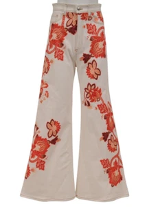 Etro Women Paisely Print Floral Bandana Jeans US 28 White Wide Leg Denim Flare - Picture 1 of 16