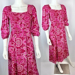Olivia James Small Pink Print Puff Sleeve Square Neck Midi Length Dress - Picture 1 of 9