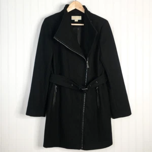 Michael Kors Womens Coat Black Asymmetric Zip Zipper Pockets Mock Neck Belted M - Picture 1 of 5