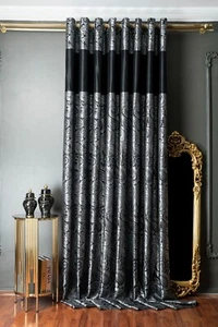 Luxury Black & Silver Damask Pattern Curtain Panel for Bedroom Living Room - Picture 1 of 10
