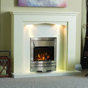 ELECTRIC CREAM SILVER COAL FIRE MODERN SURROUND FIREPLACE SUITE SPOTLIGHTS 48" - Picture 1 of 2