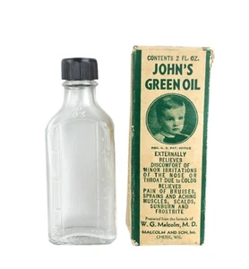 Vtg Medicine Box John's Green Oil WG Malcolm MD w/ Empty Bottle Chetek Wisconsin - Bild 1 von 7