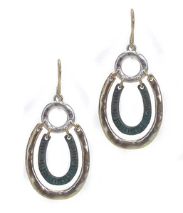 EARRINGS Double HORSESHOE Patine And 3 Tone Dangle Pierced Wire Ears - Picture 1 of 1