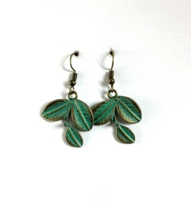 New Patina Leaves Earrings Antique Gold Hooks Artisan Handmade - Picture 1 of 2