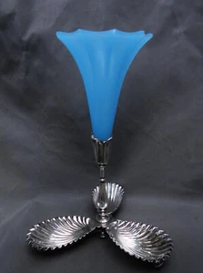 Antique French Napoleon III Blue Opaline Glass Trumpet Epergne Vase SP Shell Dis - Picture 1 of 10