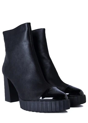 NIB Black Vegan Leather Chunky Lug Hi Heel Platform Ankle Biker Boots Bootie 8.5 - Image 1 of 4